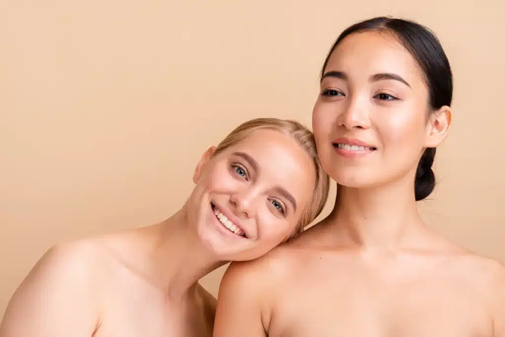 Close-up pretty women posing together